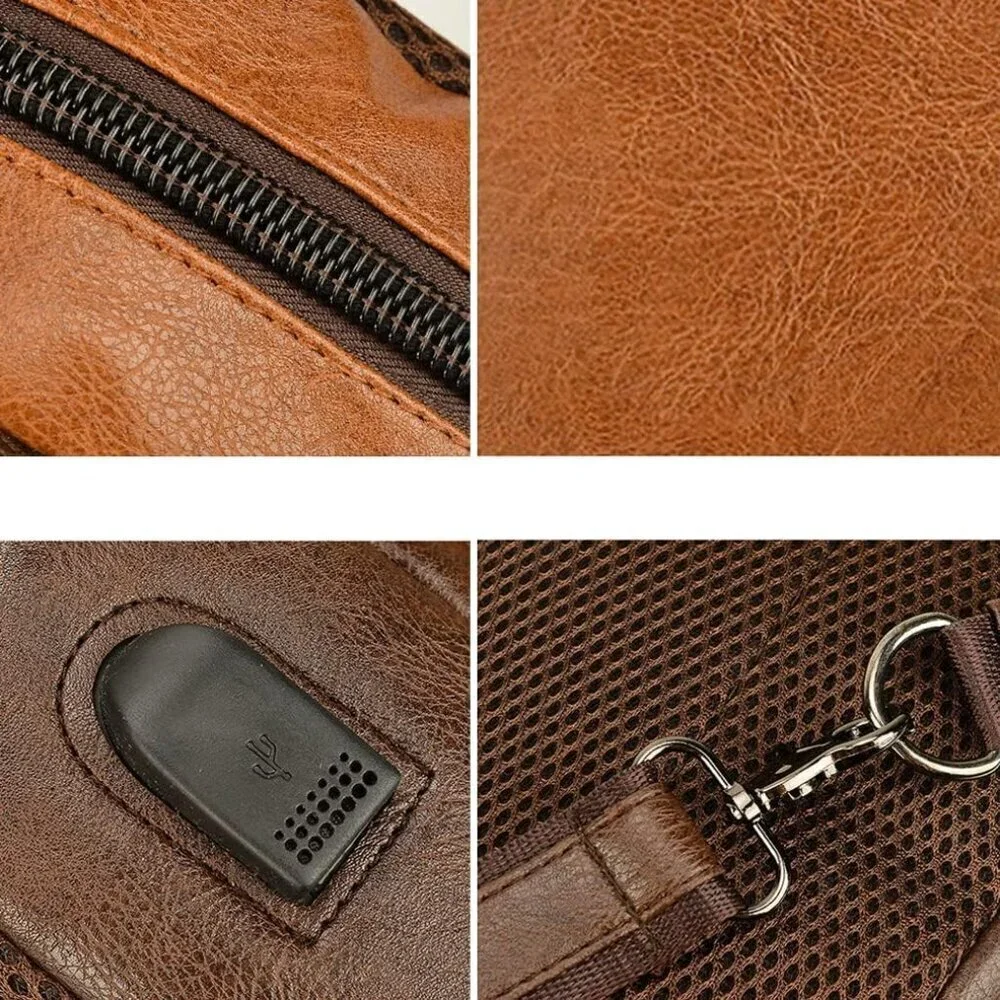 💫 Men Brown Vintage Leather Sling Crossbody Chest Backpack Travel Bags